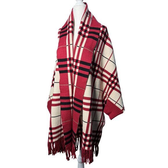 NEW Colleen Lopez Womens Plaid Fringed Wrap Shawl XL Red Black Cozy Chic Cape - Picture 4 of 10